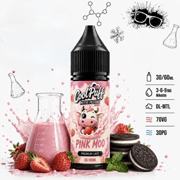 CoolPuff Pink Moo çilekli süt ve bisküvili likit şişesi
