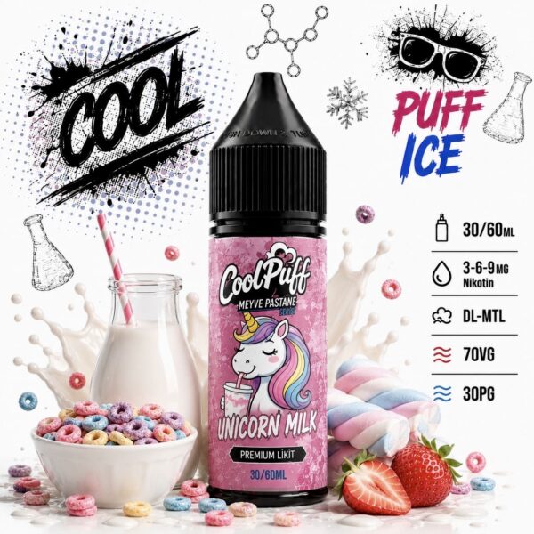 CoolPuff Unicorn Milk çilekli süt ve gevrekli likit şişesi