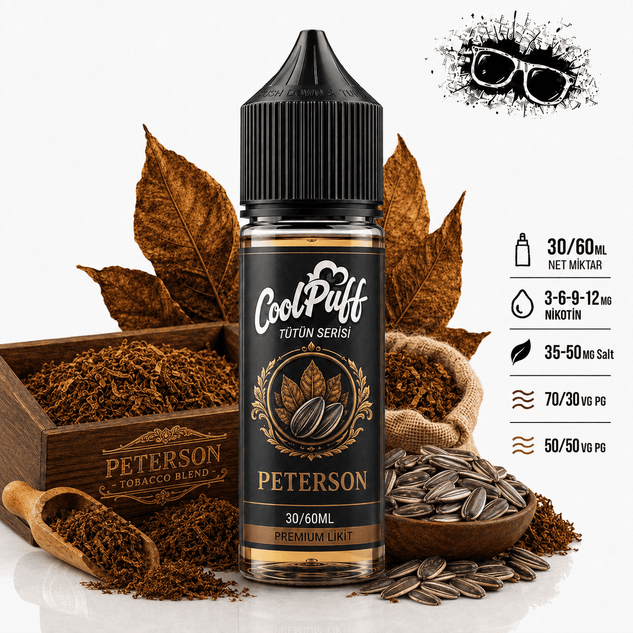 CoolPuff Peterson kavrulmuş çekirdekli tütün likiti şişesi CoolPuff Peterson kavrulmuş çekirdekli tütün likiti şişesi