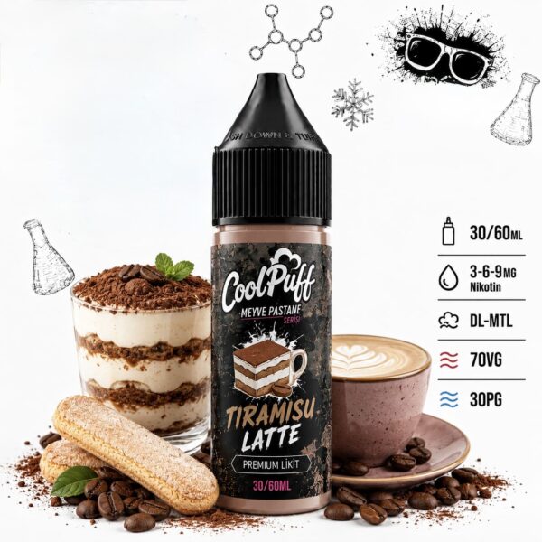 CoolPuff Tiramisu Latte tiramisu ve kahveli likit şişesi
